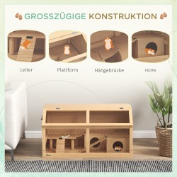 Hamsterihäkki kääpiö- ja syyrialaiselle hamsterille, puuta, tasolla ja riippusillalla, 85 x 45 x 44 cm, naturaalipuu