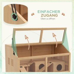 Hamsterihäkki kääpiö- ja syyrialaiselle hamsterille, puuta, tasolla ja riippusillalla, 85 x 45 x 44 cm, naturaalipuu