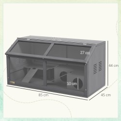 Kääpiöhamsterin puuhäkki puuta 85 x 45 x 44 cm, hylly, riippusilta ja mökki, tummanharmaa