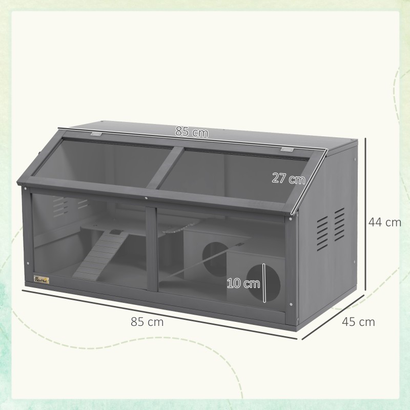 Kääpiöhamsterin puuhäkki puuta 85 x 45 x 44 cm, hylly, riippusilta ja mökki, tummanharmaa