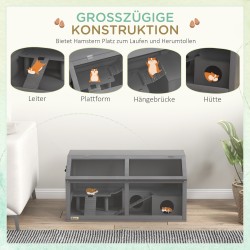 Kääpiöhamsterin puuhäkki puuta 85 x 45 x 44 cm, hylly, riippusilta ja mökki, tummanharmaa