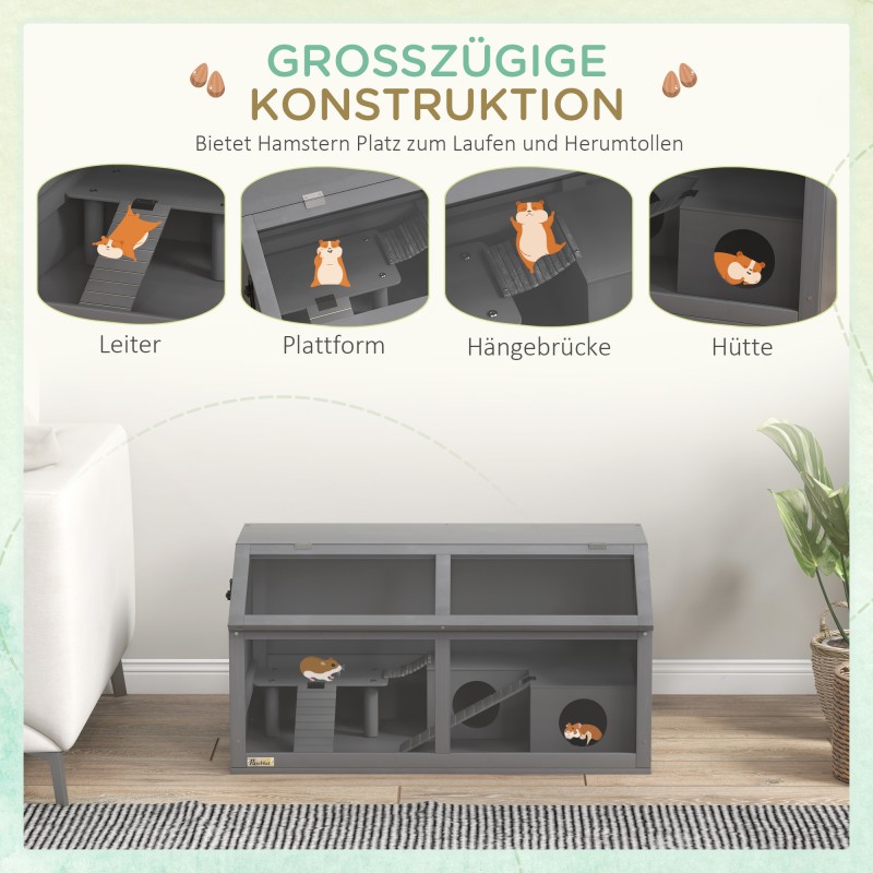 Kääpiöhamsterin puuhäkki puuta 85 x 45 x 44 cm, hylly, riippusilta ja mökki, tummanharmaa