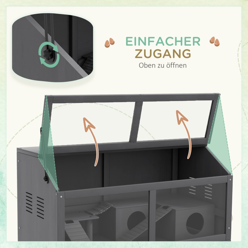 Kääpiöhamsterin puuhäkki puuta 85 x 45 x 44 cm, hylly, riippusilta ja mökki, tummanharmaa