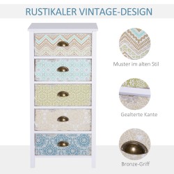 Monivärinen lipasto 5 laatikolla, MDF/mänty, shabby chic, 46 x 34 x 97,5 cm