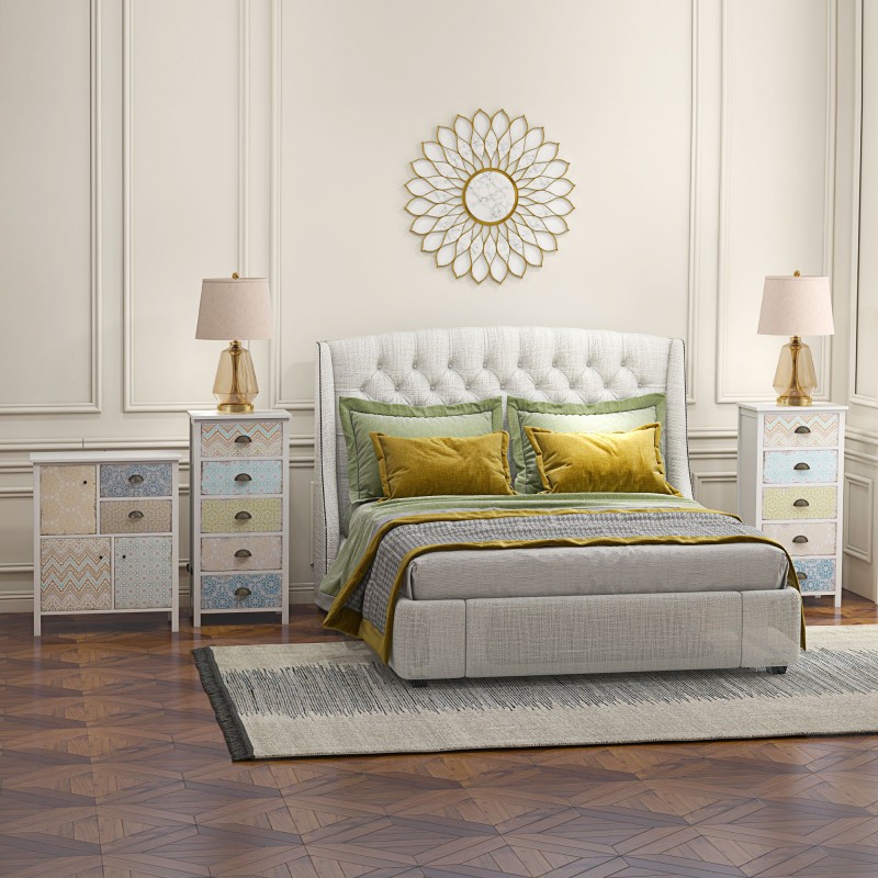 Sivupöytä shabby chic -tyyli, MDF ja mäntypuu, 68 x 34 x 80 cm, valkoinen, 2 laatikkoa 3 kaappia