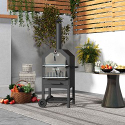 2-in-1 ulkouuni ja pizzauuni hiiliterästä, pizzakivi ja grilliritilät, lämpömittari, musta