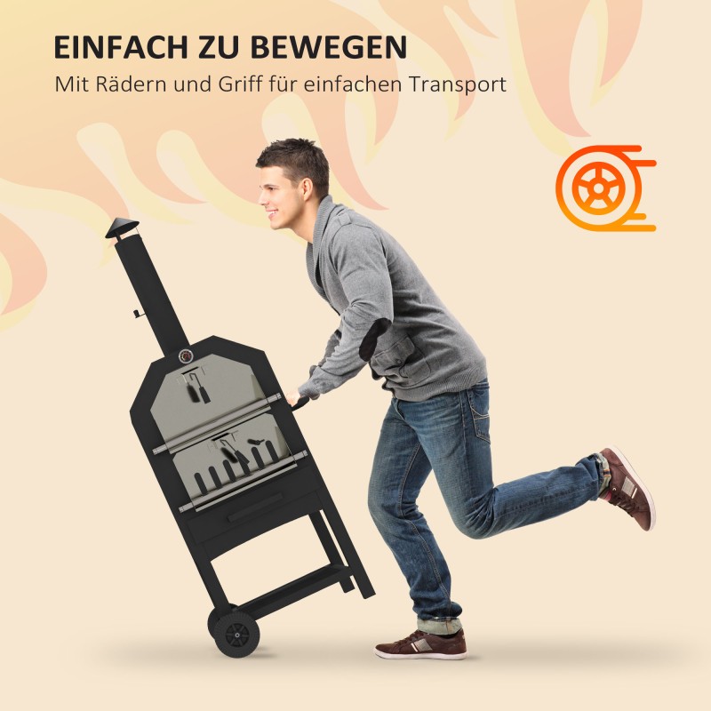 2-in-1 ulkouuni ja pizzauuni hiiliterästä, pizzakivi ja grilliritilät, lämpömittari, musta