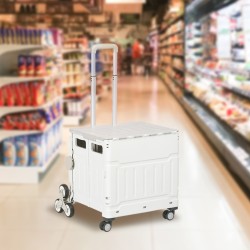 Taittuva portaissa kulkeva ostoskärry / kuljetuslaatikko 51 l teleskooppikahvalla, valkoinen