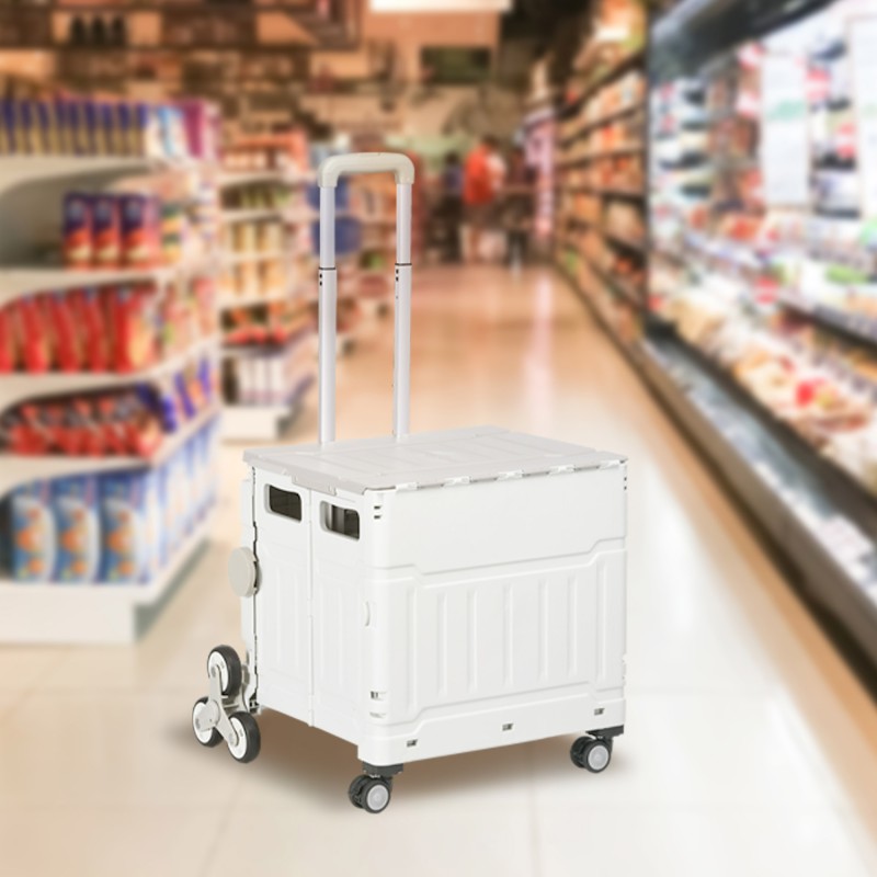 Taittuva portaissa kulkeva ostoskärry / kuljetuslaatikko 51 l teleskooppikahvalla, valkoinen