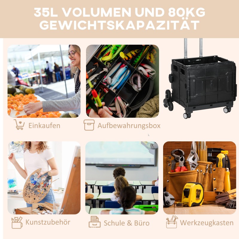 Portaikkovaunu / ostoskärry, taittuva, teleskooppikahva, 51 l, kantavuus 80 kg, musta