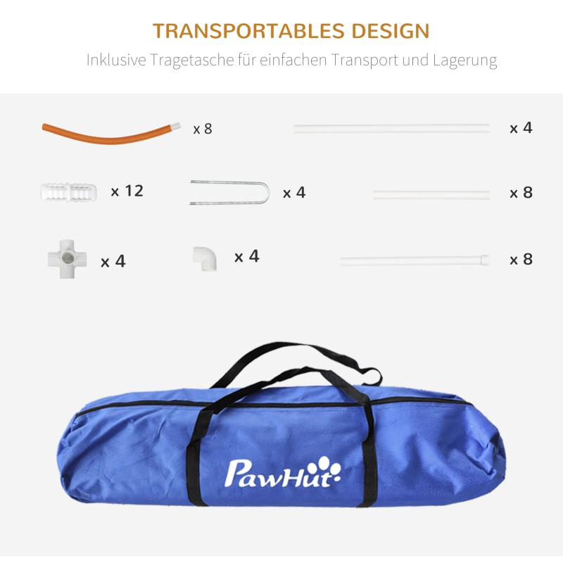 Koiran agility-setti 4-osainen, muovia, 89 x 69 x 99 cm, valkoinen/oranssi, kantokassi mukana