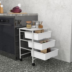 Säilytysvaunu pyörillä 3 korilla keittiöön ja kylpyhuoneeseen teräs/muovi 40,8 x 33,5 x 60,5 cm valkoinen