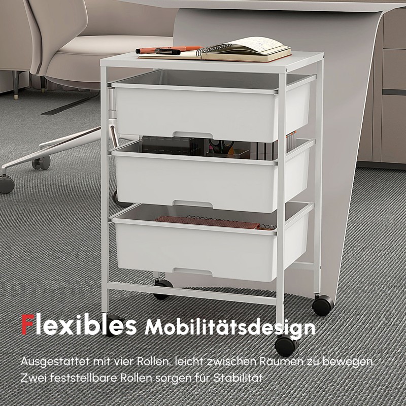 Säilytysvaunu pyörillä 3 korilla keittiöön ja kylpyhuoneeseen teräs/muovi 40,8 x 33,5 x 60,5 cm valkoinen