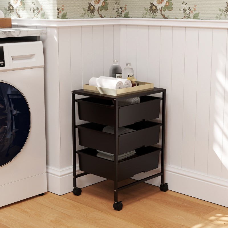 Säilytyskärry pyörillä 3 korilla, teräs ja muovi, 40,8 x 33,5 x 60,5 cm, musta