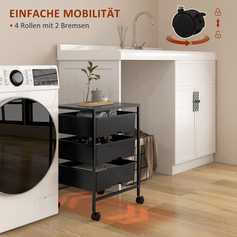 Säilytyskärry pyörillä 3 korilla, teräs ja muovi, 40,8 x 33,5 x 60,5 cm, musta