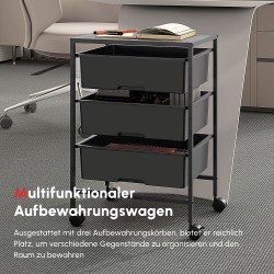 Säilytyskärry pyörillä 3 korilla, teräs ja muovi, 40,8 x 33,5 x 60,5 cm, musta