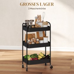 Monikäyttövaunu keittiöön ja kylpyhuoneeseen, terästä, 3 tasoa, 45 x 30,6 x 79 cm, musta