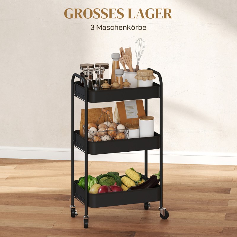 Monikäyttövaunu keittiöön ja kylpyhuoneeseen, terästä, 3 tasoa, 45 x 30,6 x 79 cm, musta