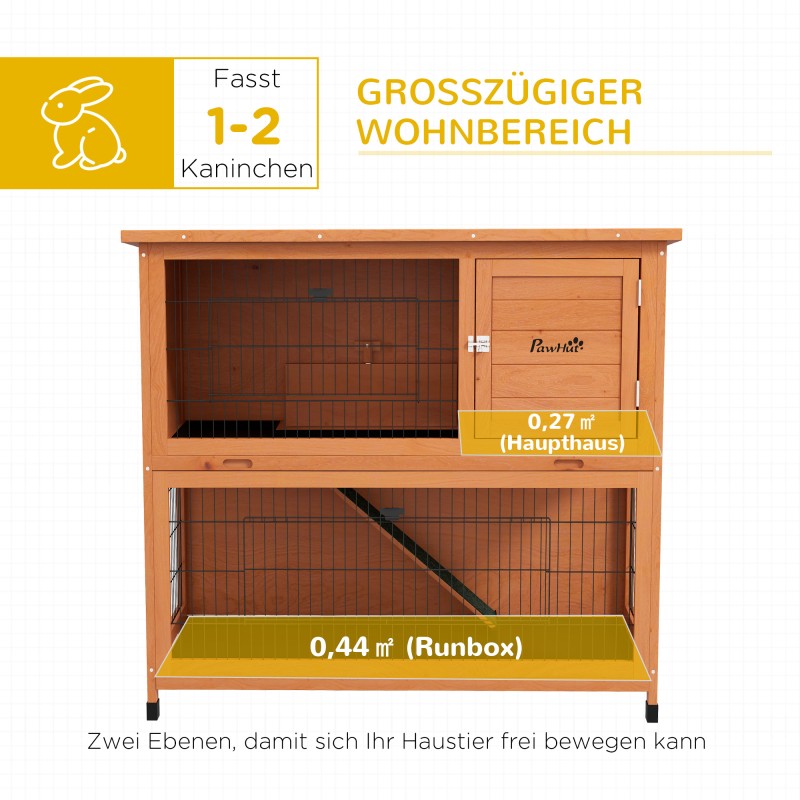 Kanihäkki ja pieneläinten ulkohäkki, kuusipuu ja teräs, 2 tasoa, 2 pohjakaukaloa, 123 x 63 x 112 cm, oranssi