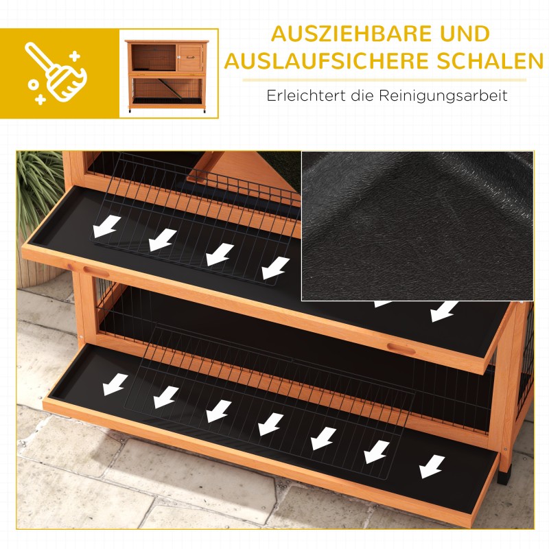 Kanihäkki ja pieneläinten ulkohäkki, kuusipuu ja teräs, 2 tasoa, 2 pohjakaukaloa, 123 x 63 x 112 cm, oranssi