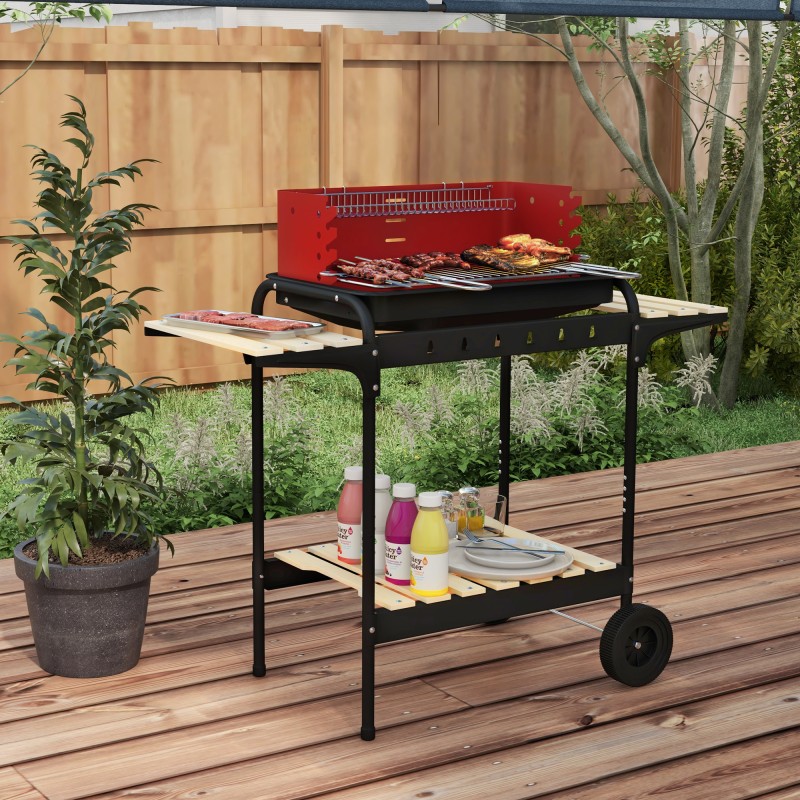 Hiiligrilli metallinen BBQ-smoker pyörillä, säädettävä grilliritilä, puutasot 103×47×95 cm, punainen