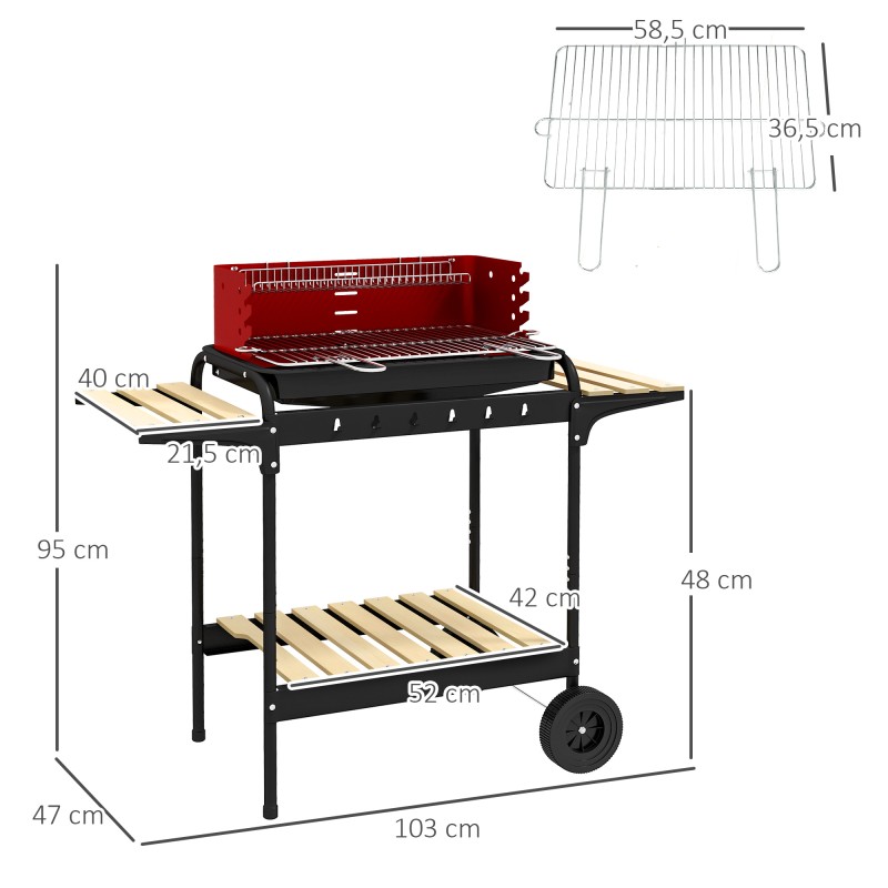 Hiiligrilli metallinen BBQ-smoker pyörillä, säädettävä grilliritilä, puutasot 103×47×95 cm, punainen