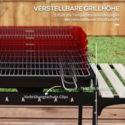 Hiiligrilli metallinen BBQ-smoker pyörillä, säädettävä grilliritilä, puutasot 103×47×95 cm, punainen