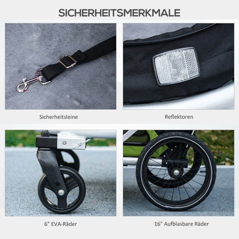 Koiran pyöräkärry ja vaunu 2-in-1, keskikokoisille koirille, alumiini/Oxford, 150 x 68 x 95 cm, vihreä