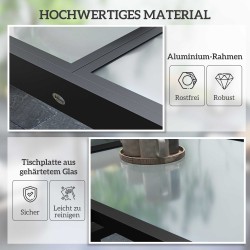 Jatkettava ulkopöytä puutarhaan, metalli/alumiini ja karkaistu lasi, 160 x 80 x 75 cm, musta