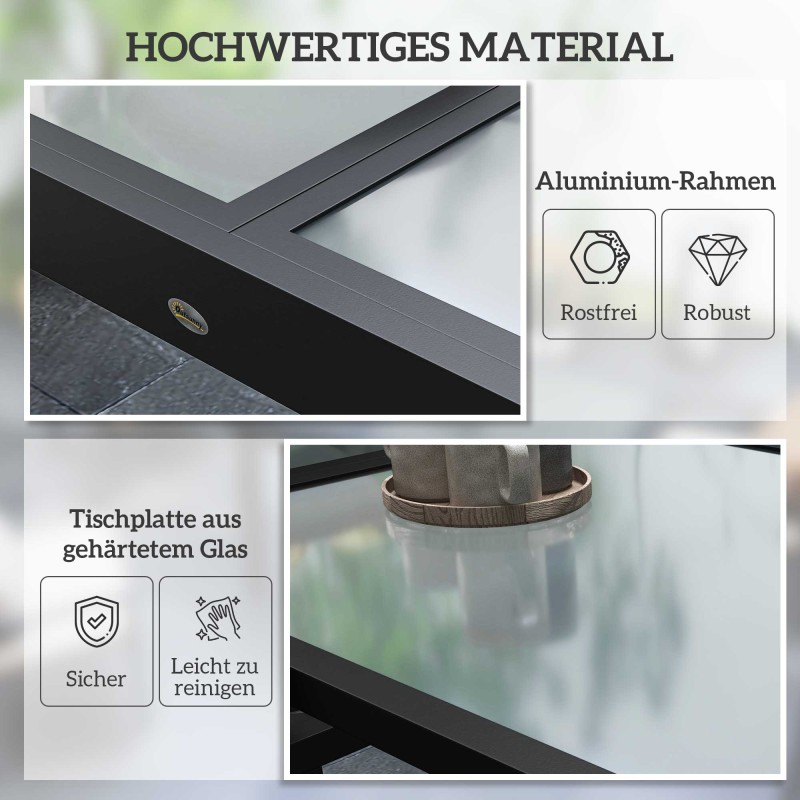 Jatkettava ulkopöytä puutarhaan, metalli/alumiini ja karkaistu lasi, 160 x 80 x 75 cm, musta