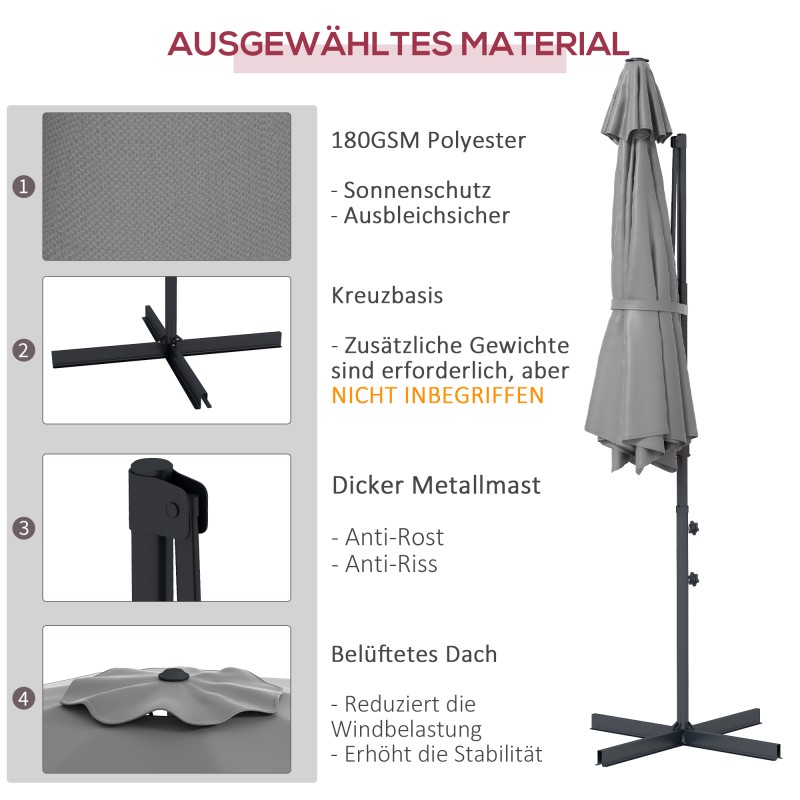 Sivuvarjo terassille, metalli ja polyesteri, Ø3 m, kallistettava ja 360° kääntyvä, tummanharmaa