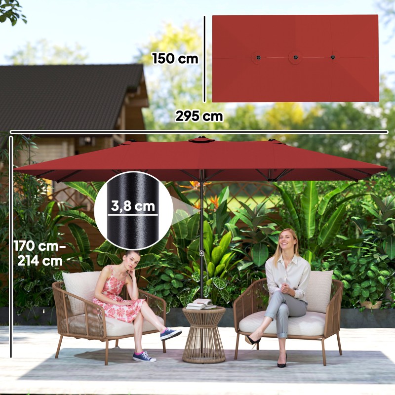 Suuri pihavarjo terassille, korkeussäädettävä ja kallistettava, 150 x 295 x 170–214 cm, viininpunainen