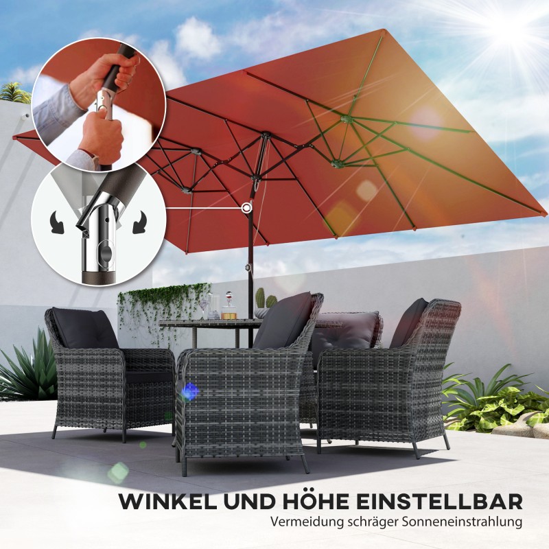 Suuri pihavarjo terassille, korkeussäädettävä ja kallistettava, 150 x 295 x 170–214 cm, viininpunainen