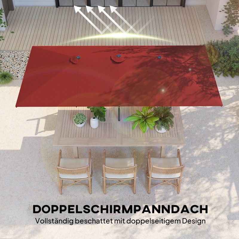 Suuri pihavarjo terassille, korkeussäädettävä ja kallistettava, 150 x 295 x 170–214 cm, viininpunainen