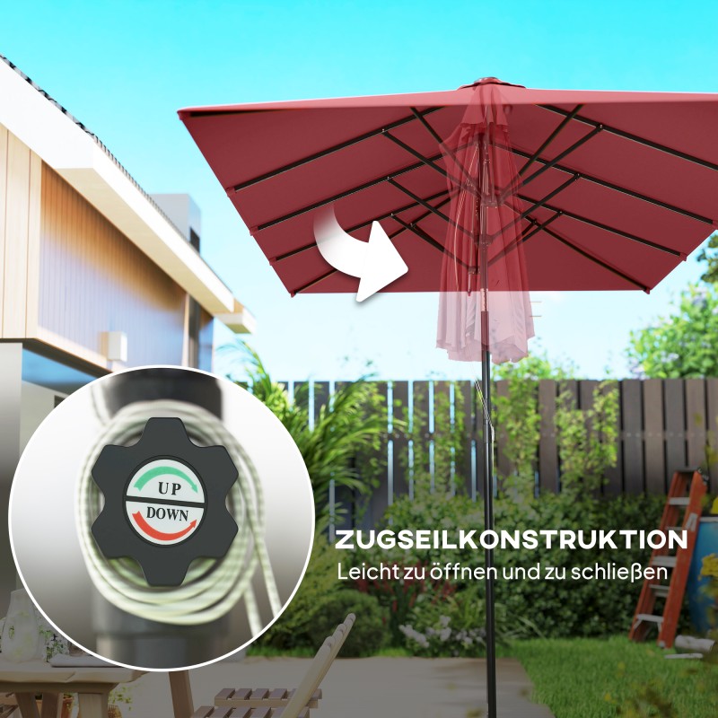 Suuri pihavarjo terassille, korkeussäädettävä ja kallistettava, 150 x 295 x 170–214 cm, viininpunainen