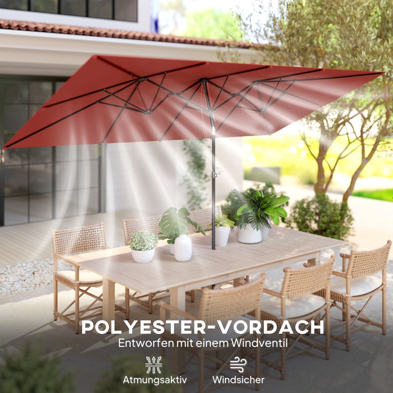 Suuri pihavarjo terassille, korkeussäädettävä ja kallistettava, 150 x 295 x 170–214 cm, viininpunainen