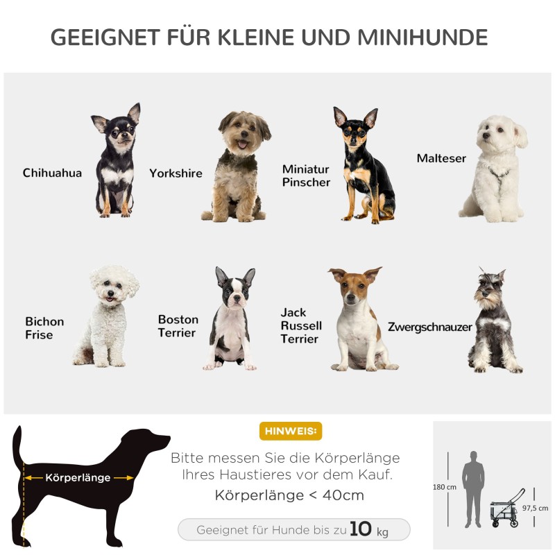 Lemmikkirattaat koirille ja kissoille, taittuva ja irrotettava kuljetusosa, max 10 kg, 81 x 58 x 97,5 cm, musta/harmaa/valkoinen