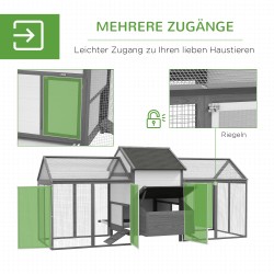Kanala kanoille, kuusirunko, 2 ulkotarhaa, munintapesä, asfalttikatto, 247 x 118 x 113,5 cm, harmaa