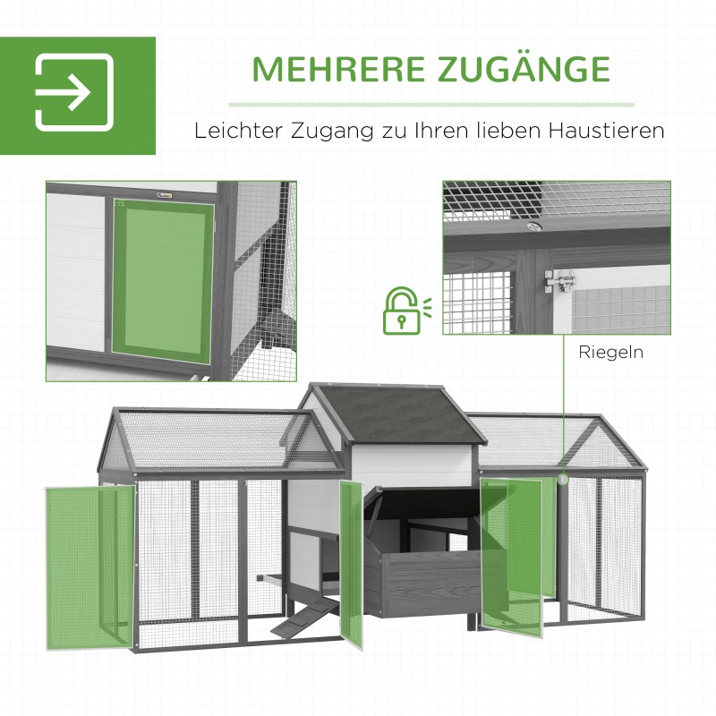 Kanala kanoille, kuusirunko, 2 ulkotarhaa, munintapesä, asfalttikatto, 247 x 118 x 113,5 cm, harmaa