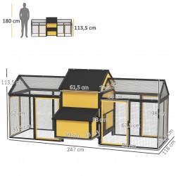 Kanala kahdella ulkotarhalla ja munintapesällä, kuusi, 247 x 118 x 113,5 cm, keltainen