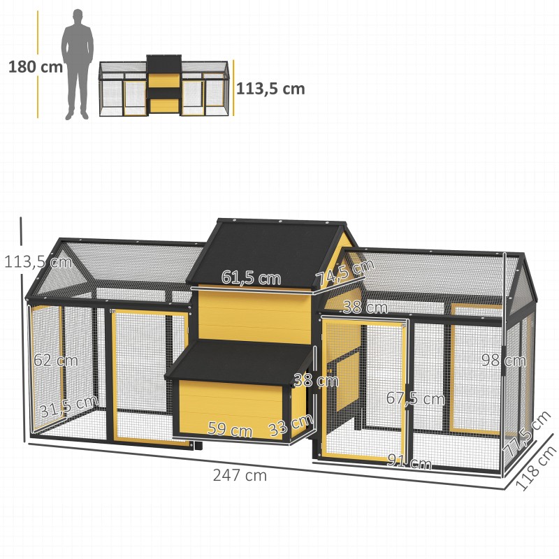 Kanala kahdella ulkotarhalla ja munintapesällä, kuusi, 247 x 118 x 113,5 cm, keltainen