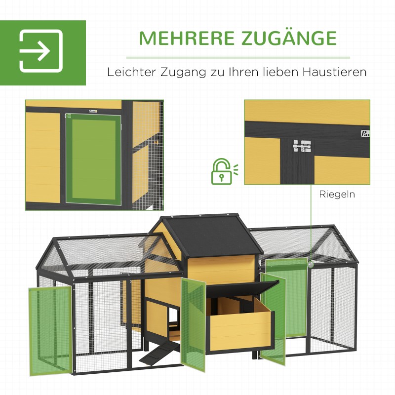 Kanala kahdella ulkotarhalla ja munintapesällä, kuusi, 247 x 118 x 113,5 cm, keltainen