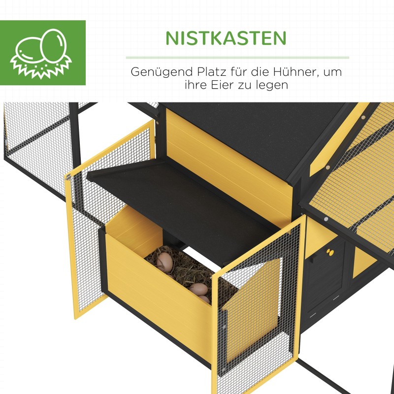 Kanala kahdella ulkotarhalla ja munintapesällä, kuusi, 247 x 118 x 113,5 cm, keltainen