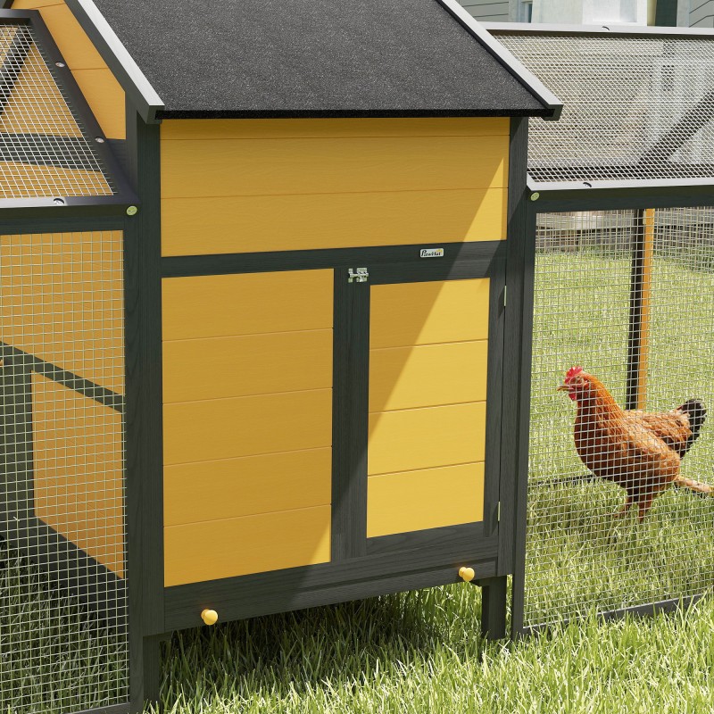 Kanala kahdella ulkotarhalla ja munintapesällä, kuusi, 247 x 118 x 113,5 cm, keltainen