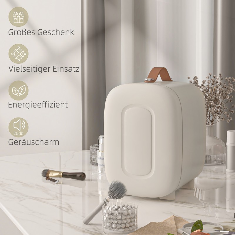 Minijääkaappi kosmetiikalle, kylmä- ja lämmitintoiminto, 4 l, 20,3 x 26,3 x 28 cm, kermanvalkoinen