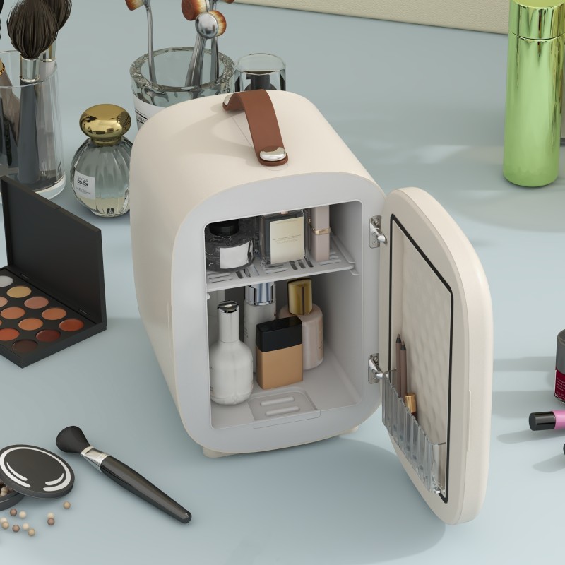 Minijääkaappi kosmetiikalle, kylmä- ja lämmitintoiminto, 4 l, 20,3 x 26,3 x 28 cm, kermanvalkoinen