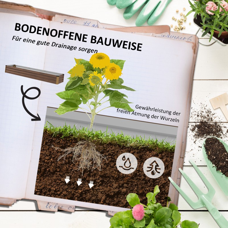 Kasvilaatikko / korotettu viljelylaatikko ulkokäyttöön, teräs, avoin pohja, 240 x 60 x 30 cm, tummanruskea