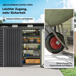 Teräksinen puutarhavaja ja varastovaja, tuplaovet, 249 x 121 x 166/183 cm, harmaa