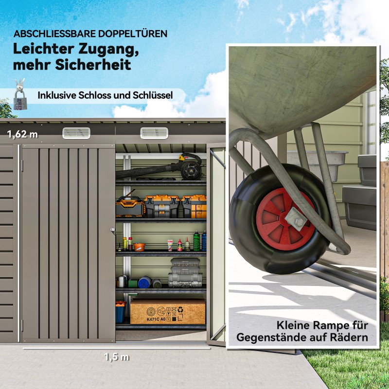 Metallinen pihavarasto puutarhatyökaluille 249 x 121 x 166/183 cm vaaleanharmaa