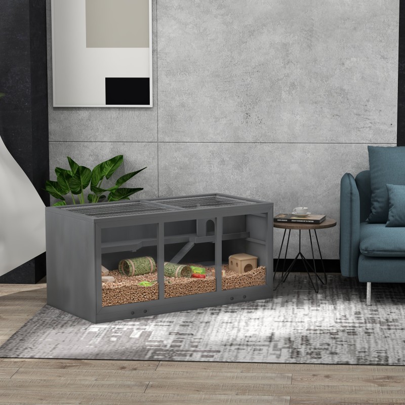 Pieneläinhäkki hamstereille ja marsuille, monitasoinen puu- ja muovirakenne, 115 x 57 x 55 cm, harmaa